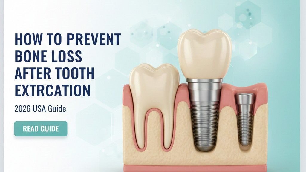 Professional medical illustration of a dental implant in jawbone to prevent bone resorption after tooth extraction, 2026 USA Guide style.