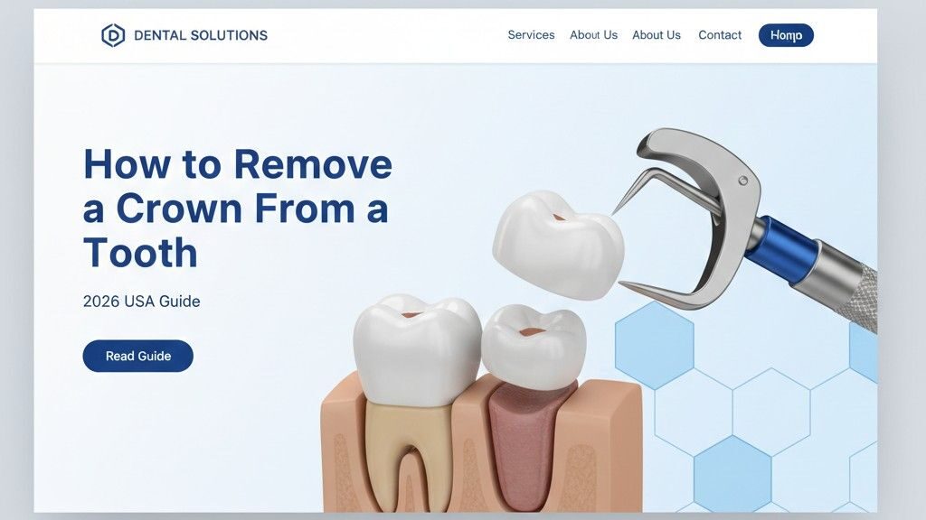 Professional 3D dental illustration showing the process of removing a tooth crown using clinical tools, 2026 USA medical guide style.