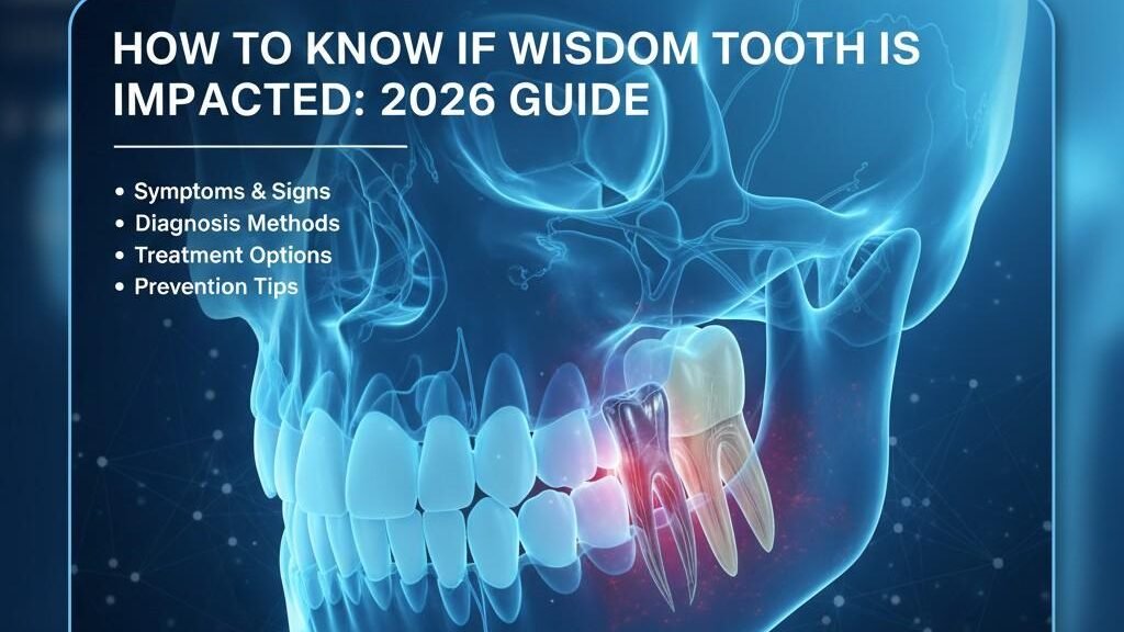 An anatomical dental X-ray style illustration showing an impacted wisdom tooth pressing against adjacent teeth, part of the 2026 symptoms guide.