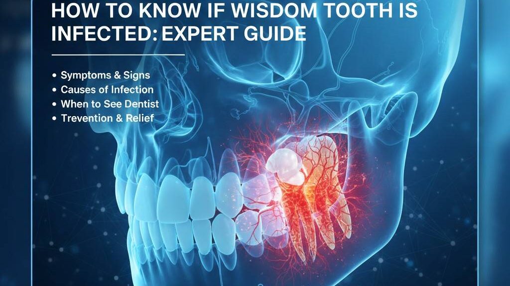 Medical 3D illustration of an infected wisdom tooth showing red inflammation and nerve pain with the title: How to Know If Wisdom Tooth Is Infected Expert Guide.