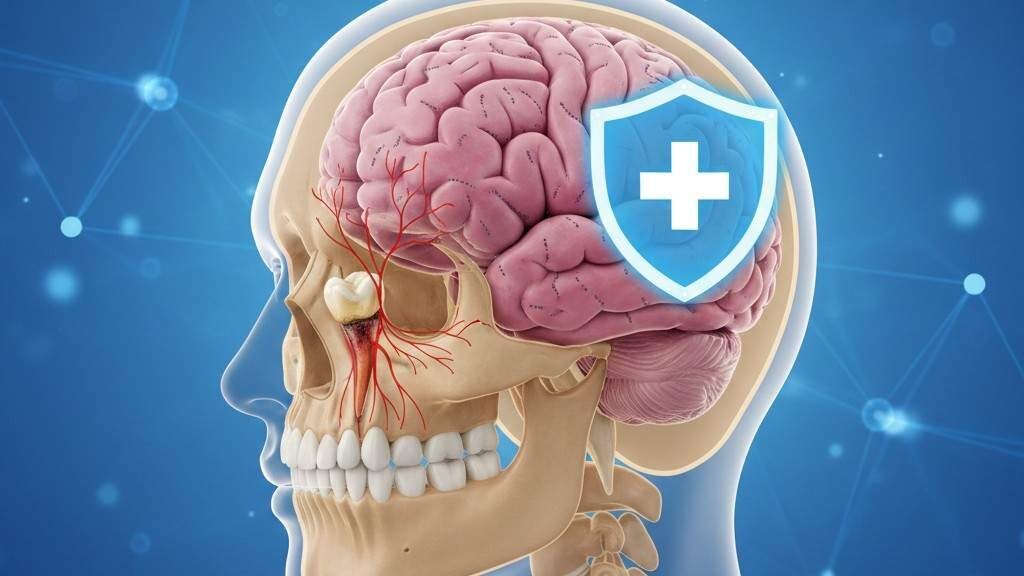 Medical illustration showing a tooth infection spreading to the brain with clear title text: How to Know If Tooth Infection Spread to Brain Guide.