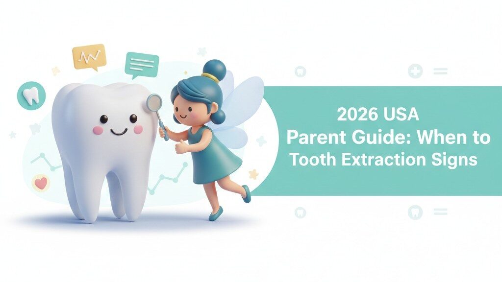 Friendly 3D dental illustration for 2026 USA Parent Guide on when to pull a kid's tooth, featuring a cute tooth character and dental icons.