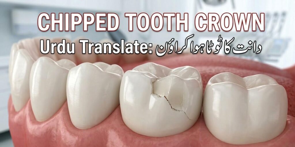 Close-up view of a chipped tooth crown on a molar showing visible porcelain damage and dental crown fracture