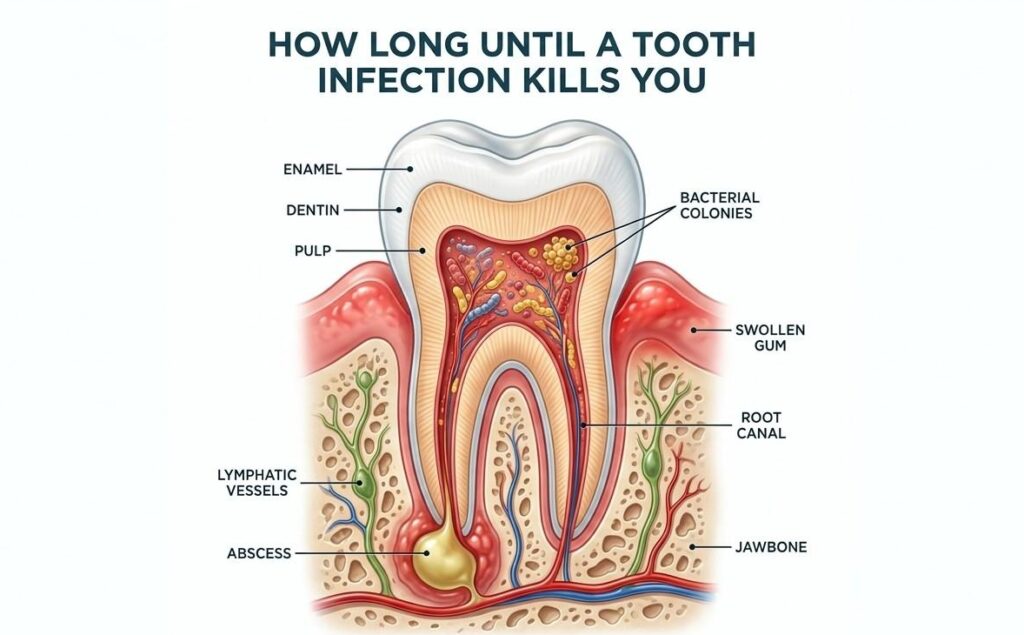 medical illustration explaining how long until a tooth infection kills you showing dental abscess and bacteria inside infected tooth root