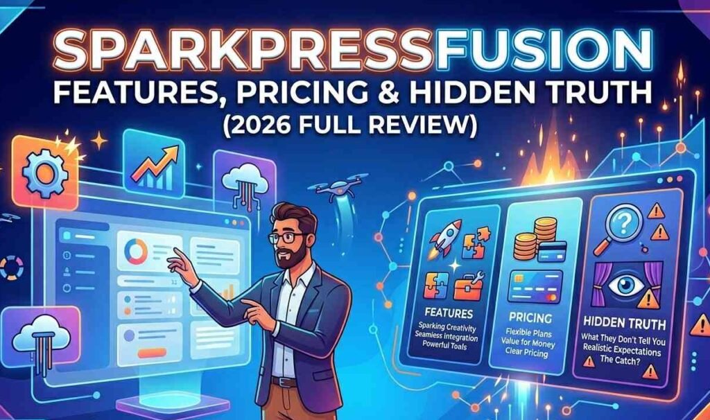 A professional infographic showing SparkPressFusion review for 2026 including sections for features, pricing plans, and hidden truths with a modern dashboard UI.