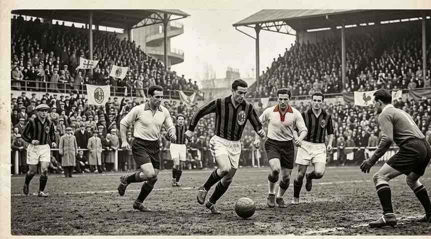 A vintage black and white photo of a classic AC Milan vs SSC Bari football match showing players in traditional kits.