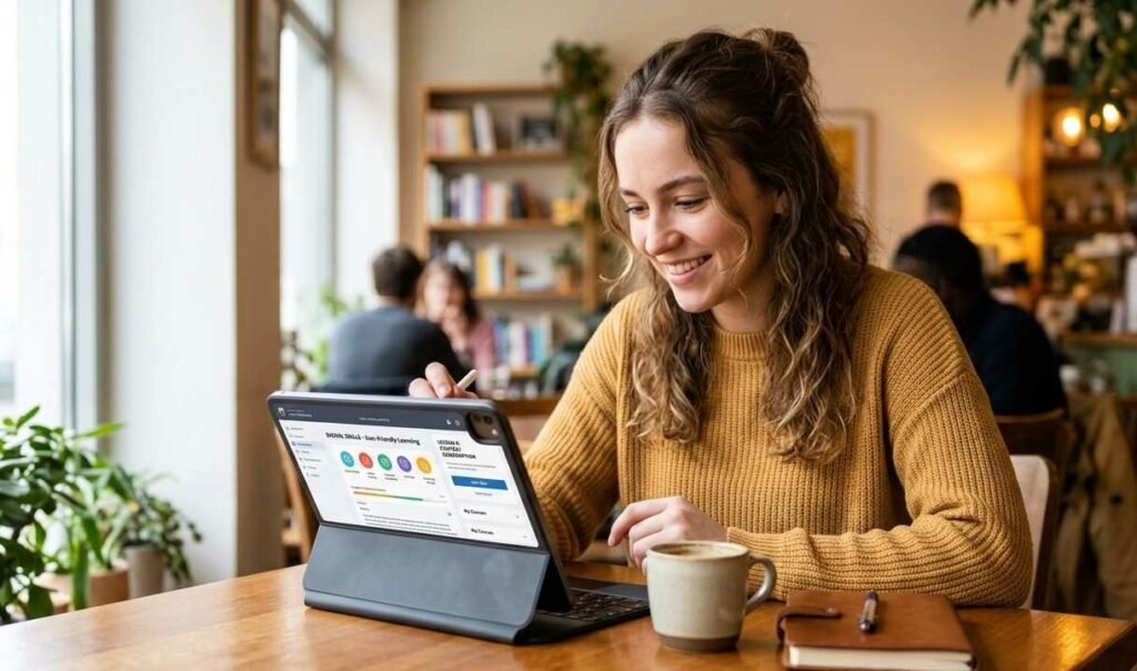 A young woman smiling while using a tablet and stylus in a cozy cafe to read educational content online.