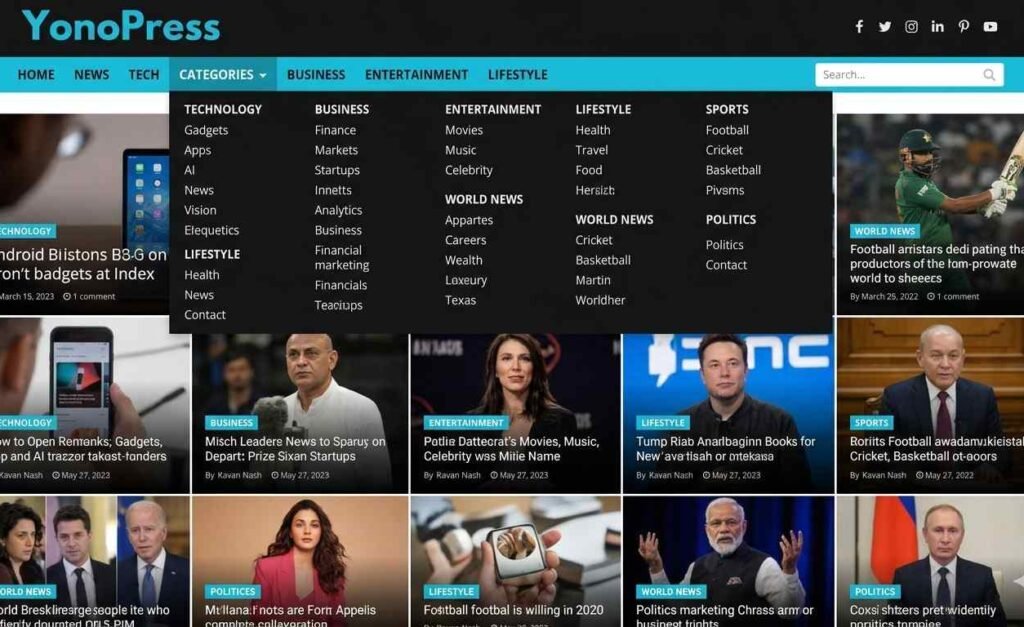 A professional screenshot of the Yonopress homepage featuring a clean multi-niche layout with a mega menu showing categories like Technology, Business, Entertainment, and Lifestyle