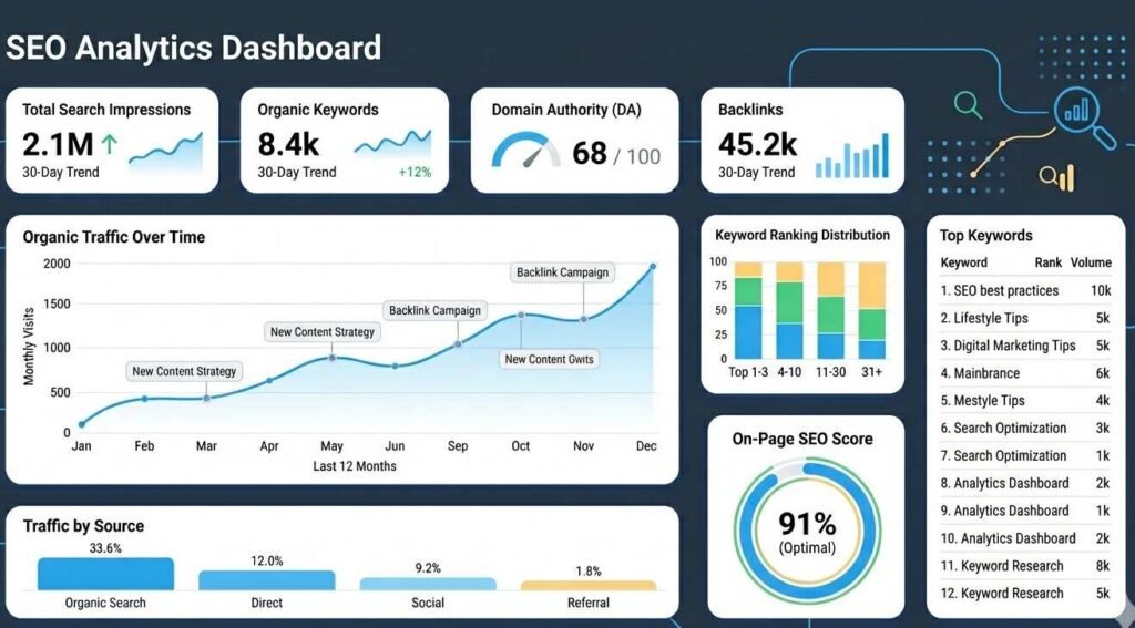 A professional SEO analytics dashboard showing growth charts for organic traffic, keyword rankings, and domain authority metrics.