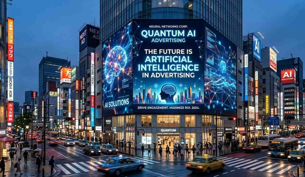 City street with a digital billboard advertising AI technology