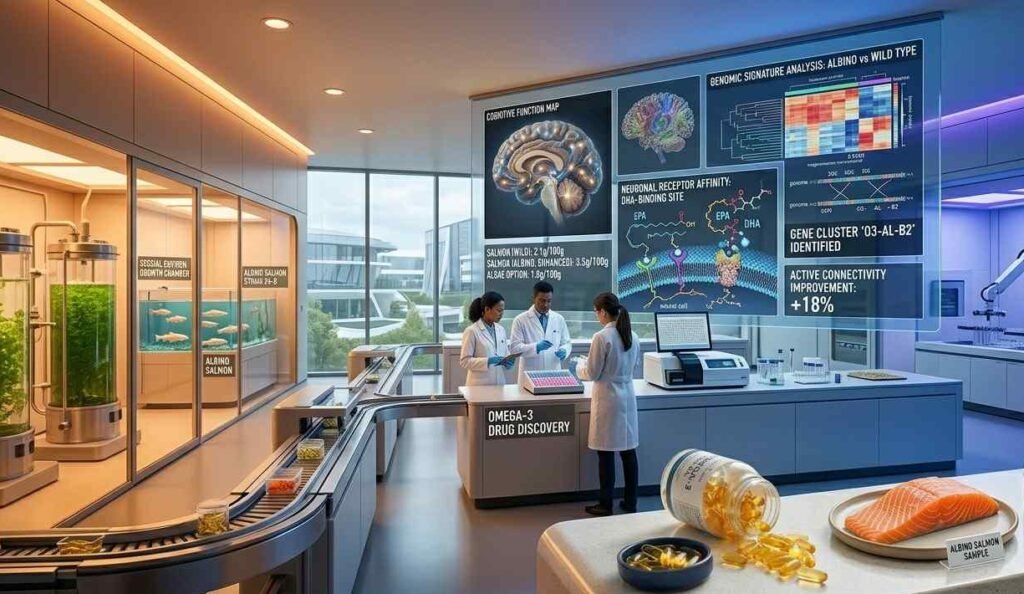 A research laboratory illustrating aspects of a fish oil study on the brain. On the left are glass tanks with live albino salmon and green algae growing in containers, connected by a pipeline system. In the center are scientists analyzing data on large screens showing brain scans, cellular models, and genomic analyses related to EPA and DHA. In the foreground is a jar of omega-3 supplements next to a whole albino salmon.