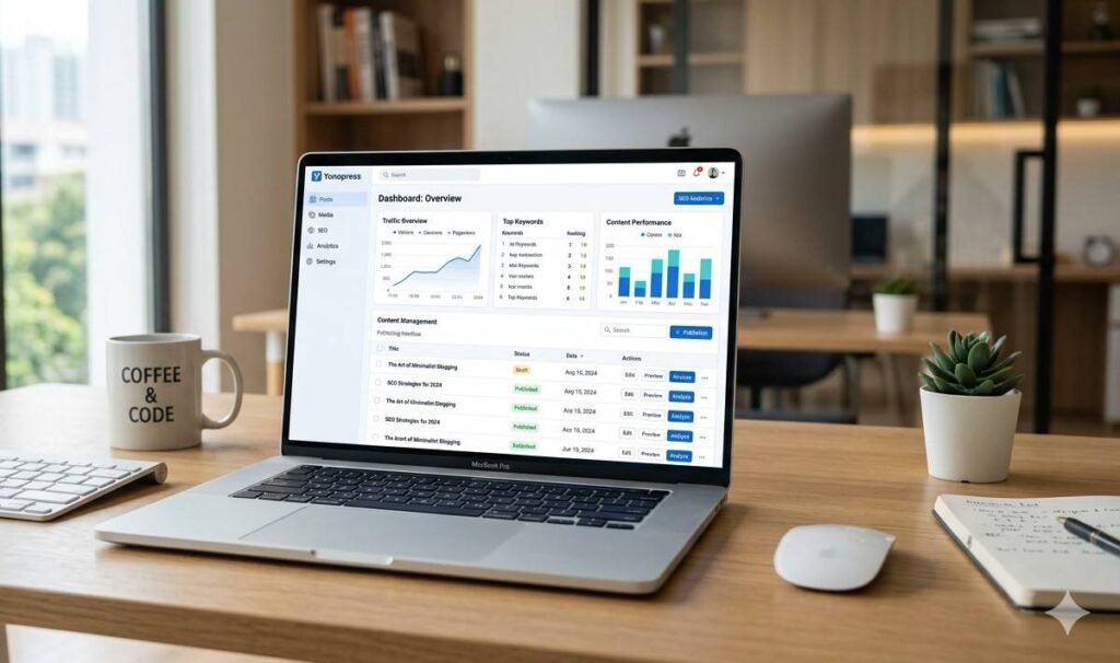 Yonopress platform dashboard showing SEO analytics and blogging interface
