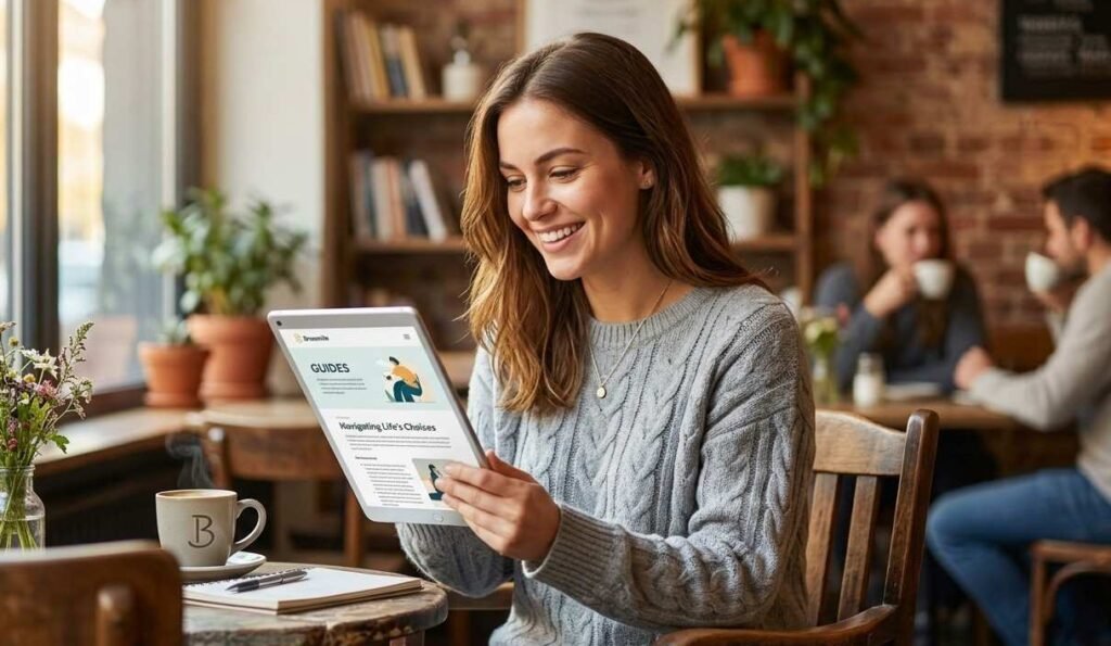 “Woman in a cafe reading information on a tablet.”