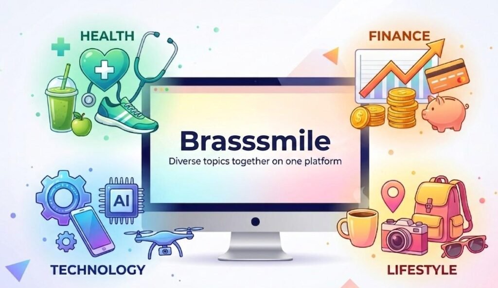 “Illustration of computer and icons for health, finance, tech, and lifestyle.”