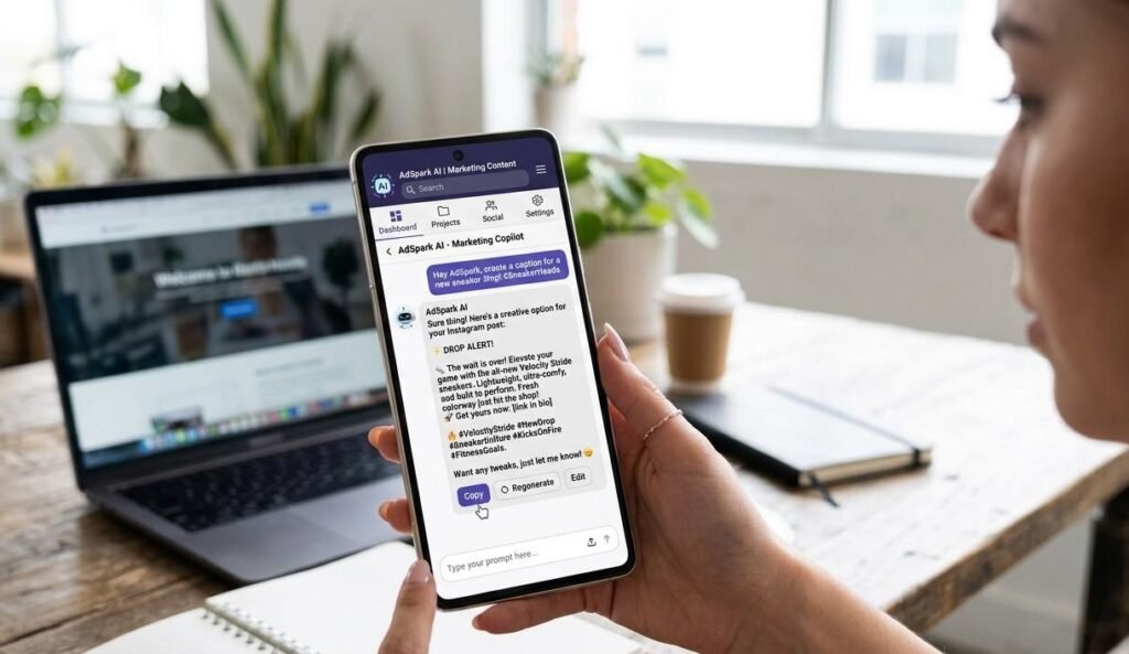 sparkpressfusion comSmartphone displaying an AI content creation assistant interface