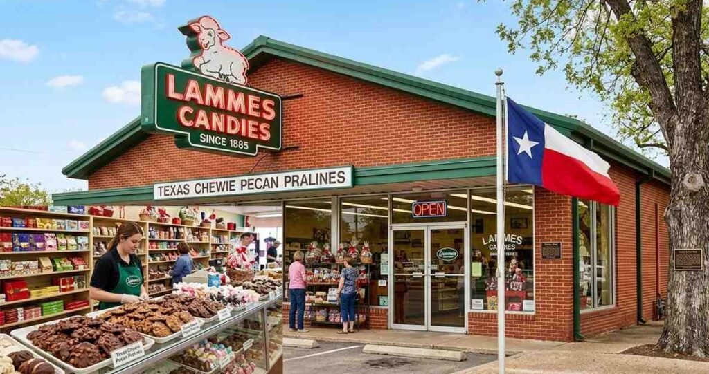 Iconic historic candy store chain closes its doors with Texas Chewie Pecan Pralines and vintage neon signage in the background.