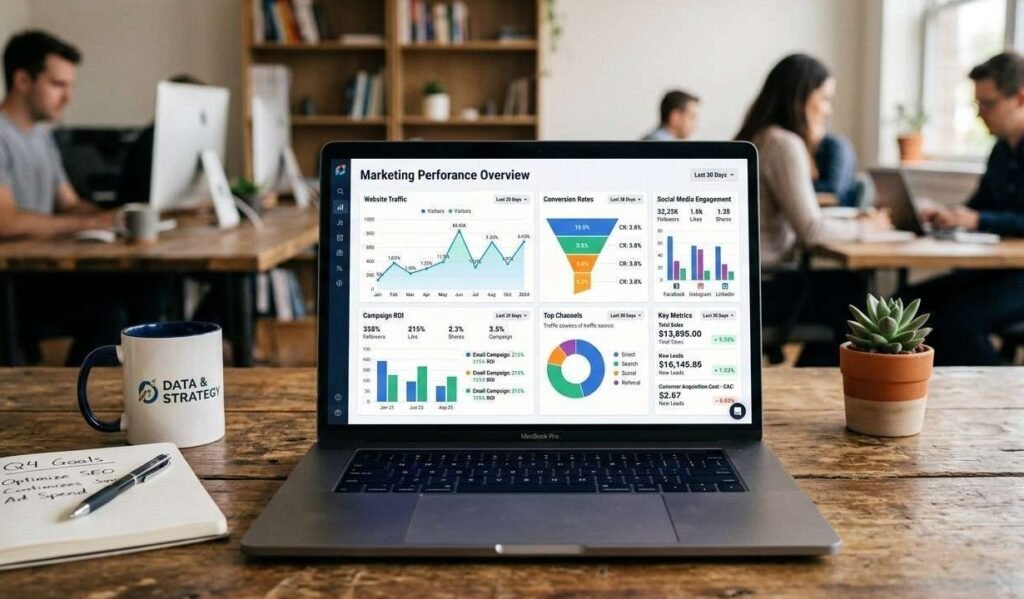 sparkpress com Laptop with marketing analytics dashboard on screen