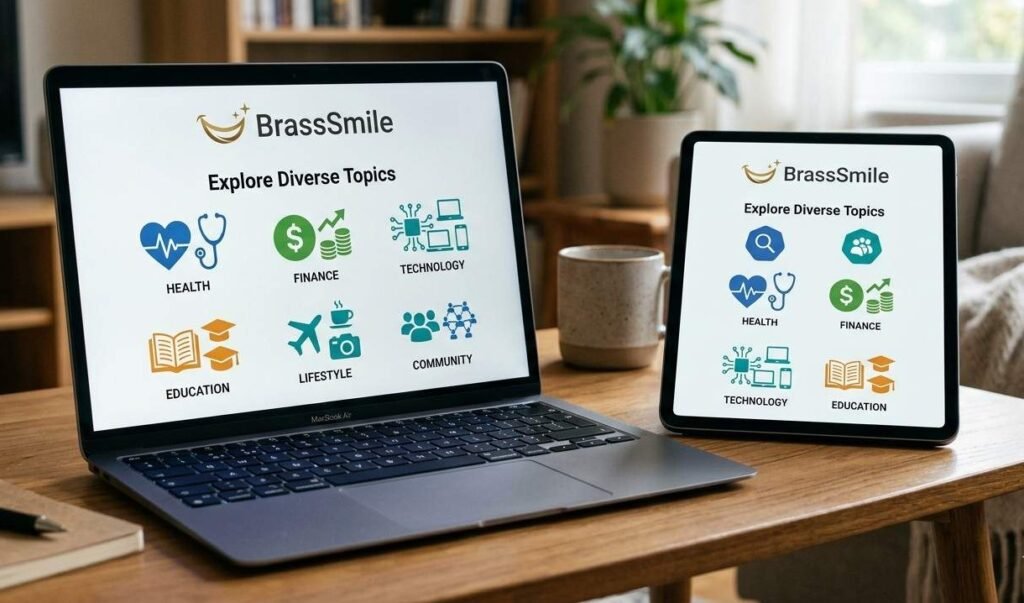 A laptop and tablet showing the BrassSmile website with colorful icons for Health, Finance, Technology, Education, and Lifestyle.